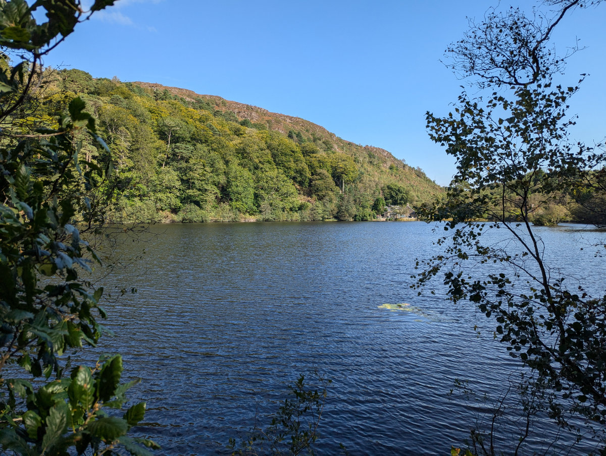 Looking out at Llyn Mair on a sunny day